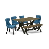 East West Furniture X676Si121-6 6-Pc Modern Dining Table Set- 4 Padded Parson Chairs With Blue Linen Fabric Seat And Button Tufted Chair Back - Rectangular Top & Wooden Cross Legs Modern Dining Table