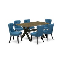 East West Furniture X676Si121-7 7-Pc Kitchen Dining Set- 6 Padded Parson Chairs With Blue Linen Fabric Seat And Button Tufted Chair Back - Rectangular Table Top & Wooden Cross Legs - Distressed Jacobe