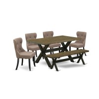 East West Furniture X676Si648-6 6-Piece Dining Table Set- 4 Mid Century Dining Chairs With Coffee Linen Fabric Seat And Button Tufted Chair Back - Rectangular Top & Wooden Cross Legs Dining Table And