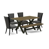 East West Furniture X676Ve650-6 6 Piece Kitchen Table Set - 4 Dark Gotham Grey Linen Fabric Dining Chair With Nailheads And Distressed Jacobean Mid Century Dining Table - 1 Wood Bench - Black Finish