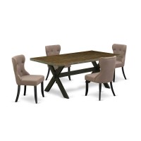 East West Furniture X677Si648-5 5-Pc Dining Table Set- 4 Dining Padded Chairs With Coffee Linen Fabric Seat And Button Tufted Chair Back - Rectangular Table Top & Wooden Cross Legs - Distressed Jacobe