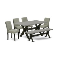 East West Furniture X696Ab106-6 6-Pc Kitchen Table Set - 4 Dining Chairs, A Dining Bench Cement Top And 1 Modern Cement Dining Table Top With High Chair Back - Linen White Finish