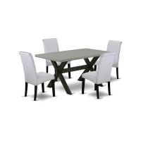 East West Furniture X696Ba105-5 5-Pc Dining Room Set - 4 Mid Century Dining Chairs And 1 Modern Cement Wood Dining Table Top With High Roll Chair Back Wire Brushed Black Finish