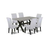 East West Furniture X696Ba105-7 7-Pc Kitchen Dining Room Set - 6 Upholstered Dining Chairs And 1 Modern Cement Dining Table Top With High Roll Chair Back Wire Brushed Black Finish