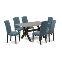 East West Furniture X696Ce121-7 7-Pc Kitchen Table Set - 6 Padded Parson Chairs And 1 Modern Rectangular Cement Dining Table Top With Button Tufted Chair Back - Wire Brushed Black Finish