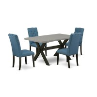 East West Furniture 5-Piece Beautiful Dining Room Table Set A Great Cement Color Modern Dining Table Top And 4 Beautiful Linen Fabric Kitchen Chairs With Nail Heads And Button Tufted Chair Back, Wire