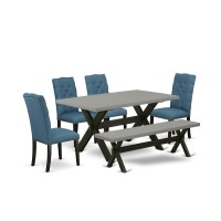 East West Furniture 6-Piece Fashionable Dining Set An Outstanding Cement Color Rectangular Table Top And Cement Color Dining Bench And 4 Attractive Linen Fabric Kitchen Parson Chairs With Nail Heads A