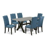 East West Furniture 7-Piece Gorgeous A Superb Cement Color Modern Dining Table Top And 6 Beautiful Linen Fabric Dining Room Chairs With Nail Heads And Button Tufted Chair Back, Wire Brushed Black Fini