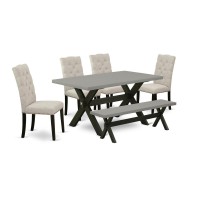East West Furniture 6-Pc Wood Dining Table Set-Doeskin Linen Fabric Seat And Button Tufted Chair Back Kitchen Chairs, A Rectangular Bench And Rectangular Top Dining Table With Solid Wood Legs - Cement