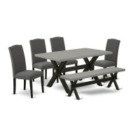 East West Furniture X696En120-6 6-Pc Dining Table Set - 4 Dining Chairs, A Modern Bench Cement Top And 1 Modern Cement Dining Table Top - Wire Brushed Black Finish