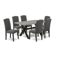 East West Furniture X696En120-7 7-Pc Dining Room Set - 6 Upholstered Dining Chairs And 1 Modern Rectangular Cement Kitchen Table Top With High Stylish Chair Back Wire Brushed Black Finish