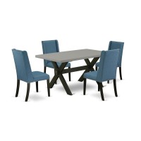 East West Furniture 5-Pc Dining Set Included 4 Dining Chairs Upholstered Nails Head Seat And Stylish Chair Back And Rectangular Dining Room Table With Cement Color Dining Room Table Top - Black Finish