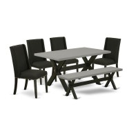 East West Furniture 6-Pc Dining Table Set-Black Linen Fabric Seat And Button Tufted Chair Back Kitchen Chairs, A Rectangular Bench And Rectangular Top Dining Room Table With Wooden Legs - Cement And W