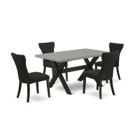 East West Furniture X696Ga124-5 5-Pc Dining Room Set - 4 Mid Century Dining Chairs And 1 Modern Cement Dining Room Table Top With Button Tufted Chair Back - Wire Brushed Black Finish