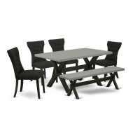 East West Furniture X696Ga124-6 6-Pc Dining Table Set - 4 Dining Chairs, A Dining Bench Cement Top And 1 Modern Cement Dining Table Top - Wire Brushed Black Finish