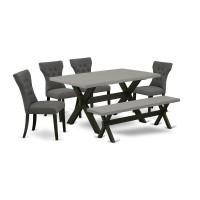 East West Furniture 6-Piece Dining Room Table Set-Dark Gotham Grey Linen Fabric Seat And Button Tufted Chair Back Dining Chairs, A Rectangular Bench And Rectangular Top Mid Century Dining Table With W