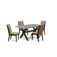 East West Furniture X696La147-5 5-Piece Beautiful Kitchen Table Set A Superb Cement Color Kitchen Table Top And 4 Gorgeous Linen Fabric Modern Dining Chairs With Stylish Chair Back, Wire Brushed Black