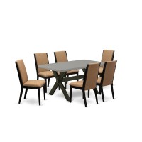 East West Furniture X696La147-7 7-Piece Beautiful Dining Room Set A Superb Cement Color Kitchen Rectangular Table Top And 6 Gorgeous Linen Fabric Parson Chairs With Stylish Chair Back, Wire Brushed Bl