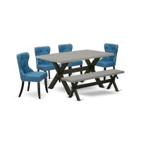 East West Furniture X696Si121-6 6-Piece Dining Table Set- 4 Parson Chairs With Blue Linen Fabric Seat And Button Tufted Chair Back - Rectangular Top & Wooden Cross Legs Modern Dining Table And Wooden