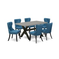 East West Furniture X696Si121-7 7-Piece Dining Room Set- 6 Parson Chairs With Blue Linen Fabric Seat And Button Tufted Chair Back - Rectangular Table Top & Wooden Cross Legs - Cement And Black Finish