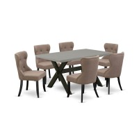 East West Furniture X696Si648-7 7-Piece Kitchen Dining Set- 6 Upholstered Dining Chairs With Coffee Linen Fabric Seat And Button Tufted Chair Back - Rectangular Table Top & Wooden Cross Legs - Cement