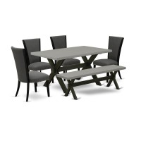 East West Furniture X696Ve650-6 6 Piece Mid Century Dining Set - 4 Dark Gotham Grey Linen Fabric Comfortable Chair With Nailheads And Cement Kitchen Table - 1 Dining Room Bench - Black Finish