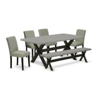 East West Furniture X697Ab106-6 6-Pc Dining Set - 4 Dining Chairs, A Wood Bench Cement Top And 1 Modern Cement Kitchen Dining Table Top With High Chair Back - Wire Brushed Black Finish