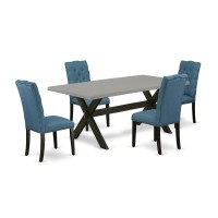 East West Furniture 5-Piece Stylish Dining Room Set A Superb Cement Color Rectangular Dining Table Top And 4 Wonderful Linen Fabric Parson Dining Chairs With Nail Heads And Button Tufted Chair Back, W