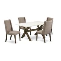 East West Furniture 5-Pc Dining Table Set Included 4 Parson Chair Upholstered Seat And Stylish Chair Back And Rectangular Dining Table With Linen White Kitchen Dining Table Top - Distressed Jacobean F