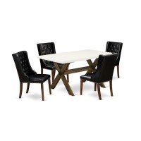 East West Furniture X726Fo749-5 5 Piece Dining Table Set - 4 Black Pu Leather Upholstered Chair Button Tufted With Nail Heads And Wood Dining Table - Distressed Jacobean Finish