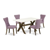 East West Furniture X726Ga740-5 5-Pc Dining Room Set- 4 Parson Dining Chairs With Dahlia Linen Fabric Seat And Button Tufted Chair Back - Rectangular Table Top & Wooden Cross Legs - Linen White And Di