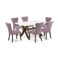 East West Furniture X726Ga740-7 7-Piece Dining Table Set- 6 Dining Padded Chairs With Dahlia Linen Fabric Seat And Button Tufted Chair Back - Rectangular Table Top & Wooden Cross Legs - Linen White An