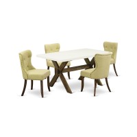 East West Furniture X726Si737-5 5-Piece Dinette Set- 4 Dining Room Chairs With Limelight Linen Fabric Seat And Button Tufted Chair Back - Rectangular Table Top & Wooden Cross Legs - Linen White And Di