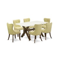 East West Furniture X726Si737-7 7-Pc Dining Room Table Set- 6 Upholstered Dining Chairs With Limelight Linen Fabric Seat And Button Tufted Chair Back - Rectangular Table Top & Wooden Cross Legs - Line