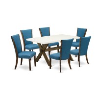 East West Furniture X726Ve721-7 7Pc Dinette Sets For Small Spaces Consists Of A Wood Table And 6 Parsons Dining Chairs With Blue Color Linen Fabric, Distressed Jacobean And Linen White Finish
