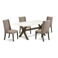 East West Furniture 5-Piece Dining Room Set Included 4 Upholstered Dining Chairs Upholstered Seat And Stylish Chair Back And Rectangular Table With Linen White Kitchen Table Top - Distressed Jacobean