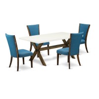 East West Furniture X727Ve721-5 5Pc Wood Dining Table Set Consists Of A Wood Dining Table And 4 Parsons Dining Room Chairs With Blue Color Linen Fabric, Distressed Jacobean And Linen White Finish