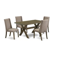 East West Furniture 5-Piece Rectangular Dinette Set Included 4 Parson Chairs Upholstered Nails Head Seat And Stylish Chair Back And Rectangular Dining Table With Distressed Jacobean Rectangular Table
