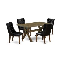 East West Furniture X776Fo749-5 - 5 Pc Dining Table Set - 4 Black Pu Leather Upholstered Dining Chairs With Nail Heads And Rectangular Table - Distressed Jacobean Finish