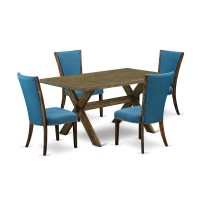 East West Furniture X776Ve721-5 5Pc Dining Table Set Includes A Dinette Table And 4 Parson Dining Chairs With Blue Color Linen Fabric, Distressed Jacobean Finish