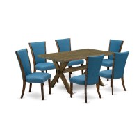 East West Furniture X776Ve721-7 7Pc Dinette Sets For Small Spaces Offers A Rectangular Table And 6 Parson Chairs With Blue Color Linen Fabric, Distressed Jacobean Finish