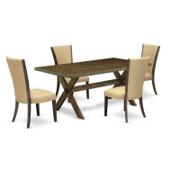 East West Furniture X777Ve703-5 5Pc Dinette Set Consists Of A Rectangular Table And 4 Parsons Dining Room Chairs With Brown Color Linen Fabric, Medium Size Table With Full Back Chairs, Distressed Jaco