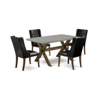 East West Furniture X796Fo749-5 5-Piece Kitchen Table Set Consists Of 4 Black Pu Leather Parson Dining Chairs Button Tufted With Nailheads And Cement Wooden Dining Table - Distressed Jacobean Finish