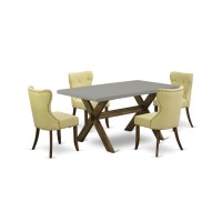 East West Furniture 5-Piece Modern Dining Table Set-Limelight Linen Fabric Seat And Button Tufted Back Parson Dining Chairs And Rectangular Top Wood Kitchen Table With Wooden Legs - Cement And Distres