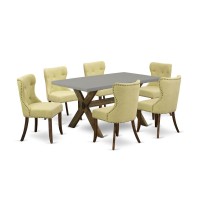East West Furniture 7-Pc Kitchen Set-Limelight Linen Fabric Seat And Button Tufted Back Parson Chairs And Rectangular Top Living Room Table With Hardwood Legs - Cement And Distressed Jacobean Finish