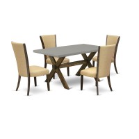 East West Furniture X796Ve703-5 5Pc Dining Table Set Offers A Wood Dining Table And 4 Parson Chairs With Brown Color Linen Fabric, Medium Size Table With Full Back Chairs, Distressed Jacobean And Ceme