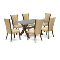 East West Furniture X796Ve703-7 7Pc Dining Room Table Set Contains A Rectangle Table And 6 Parsons Chairs With Brown Color Linen Fabric, Medium Size Table With Full Back Chairs, Distressed Jacobean An