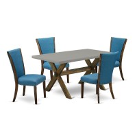 East West Furniture X796Ve721-5 5Pc Dining Table Set Offers A Rectangle Table And 4 Parsons Dining Chairs With Blue Color Linen Fabric, Distressed Jacobean And Cement Finish