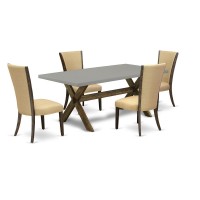 East West Furniture X797Ve703-5 5Pc Dinette Set Includes A Kitchen Table And 4 Parson Dining Chairs With Brown Color Linen Fabric, Medium Size Table With Full Back Chairs, Distressed Jacobean And Ceme