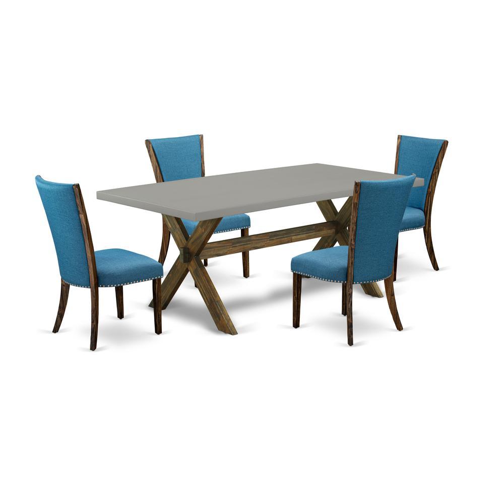 East West Furniture X797Ve721-5 5Pc Wood Dining Table Set Includes A Dinette Table And 4 Parsons Dining Room Chairs With Blue Color Linen Fabric, Distressed Jacobean And Cement Finish